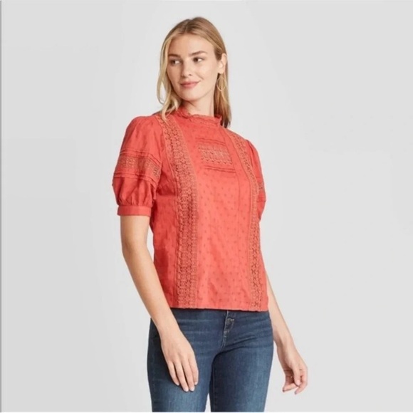 Universal Thread Womens Top‎ Size Large 100% Cotton Eyelet Lace Puff Sleeve - Picture 1 of 7